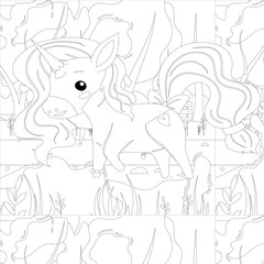 Fototapeta na wymiar Unicorn .Colored book. Horse head sleep. . Black and white sticker, icon isolated. Cute magic cartoon fantasy animal. Dream symbol. Design for children, baby room interior, scandinavian 