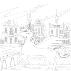 Unicorn .Colored book. Horse head sleep. . Black and white sticker, icon isolated. Cute magic cartoon fantasy animal. Dream symbol. Design for children, baby room interior, scandinavian
