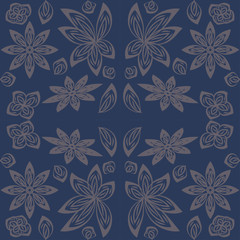 seamless pattern with leaves and flowers linocut style