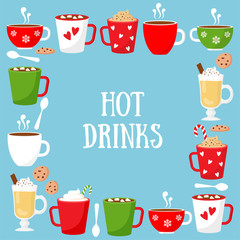 Hot Drinks. Cocoa, Coffee, Tea, Hot Chocolate. 