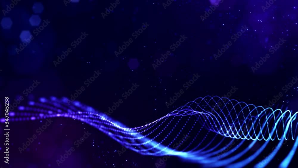 Poster 4k looped science fiction particle background with bokeh and light effects. glow blue particles form