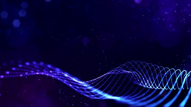 4k looped science fiction particle background with bokeh and light effects. Glow blue particles form lines, surfaces, complex structures in smooth motion like in the microworld or space. 12