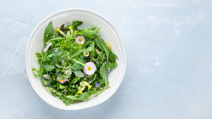 Mixed salad leaves with edible flowers