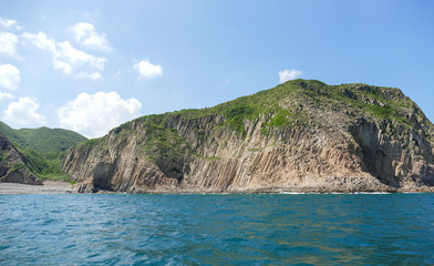 Huge hexagonal columnar joints of volcanic rock at Hong Kong Global Geopark, China 