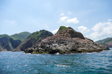 Huge hexagonal columnar joints of volcanic rock at Hong Kong Global Geopark, China 