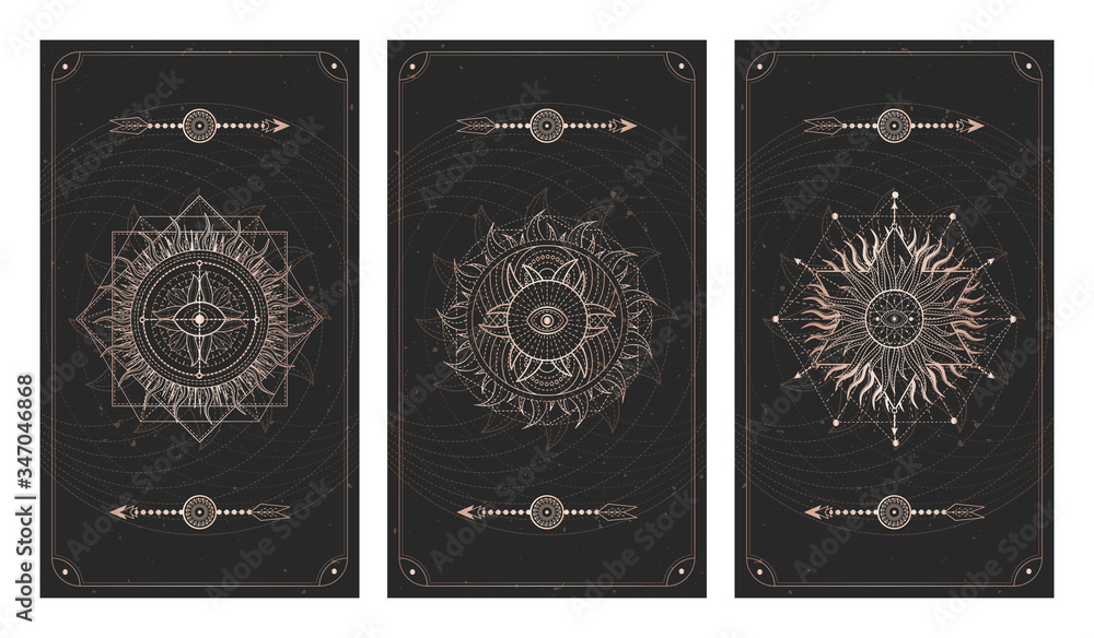 Canvas Prints vector set of three dark illustrations with sacred geometry symbols, grunge textures and frames. ima