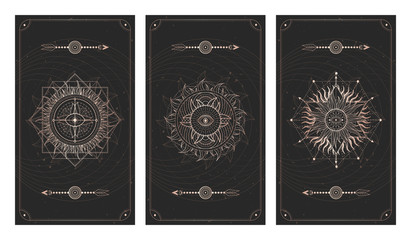 Vector set of three dark illustrations with sacred geometry symbols, grunge textures and frames. Images in black and gold colors. 