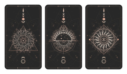 Vector set of three dark illustrations with sacred geometry symbols, grunge textures and frames. Images in black and gold colors. 
