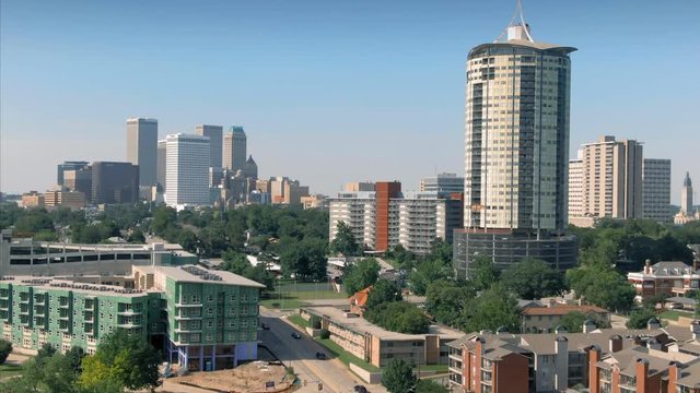 Tulsa, Oklahoma, USA. Aerial of over suburbs and the downtown city skyline.