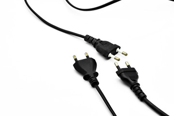 Four black electrical plug and power cable On white background, Black power cord with plug