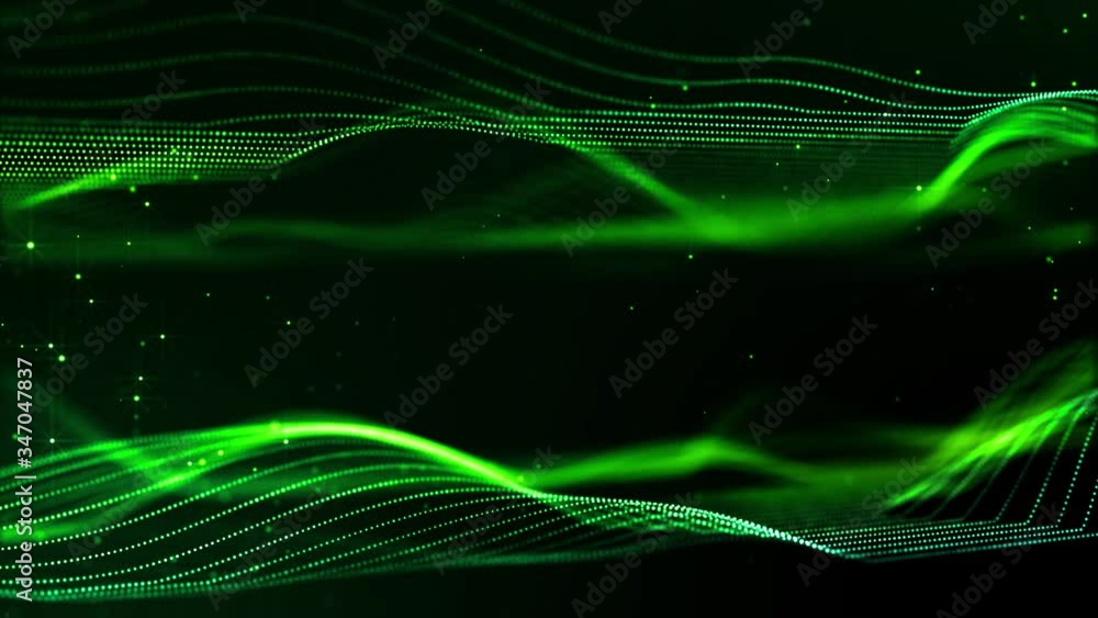 Poster 4k looped sci-fi green background with bokeh and light effects. glow green color particles form line