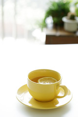 cup of tea with fresh yellow lemons on white background