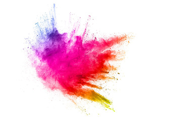 Explosio of colorful dust particles on white background.Abstract pastel color powder overlay texture.