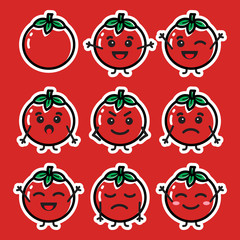 Set of cute cartoon colorful tomato with different emotions. Funny emotions character collection for kids. Fantasy characters. Vector illustrations, cartoon flat style. You can use for your mascot.