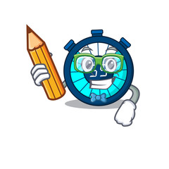 A brainy student hourglass cartoon character with pencil and glasses