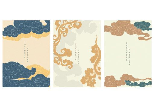 Asian cloud background with Japanese wave pattern vector. Oriental template in vintage style. 