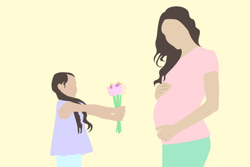 Little girl offering flowers to her pregnant mother for the mothers day vector design illustration