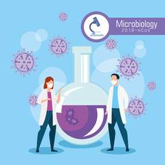 microbiology for covid 19 with doctors and tube test vector illustration design