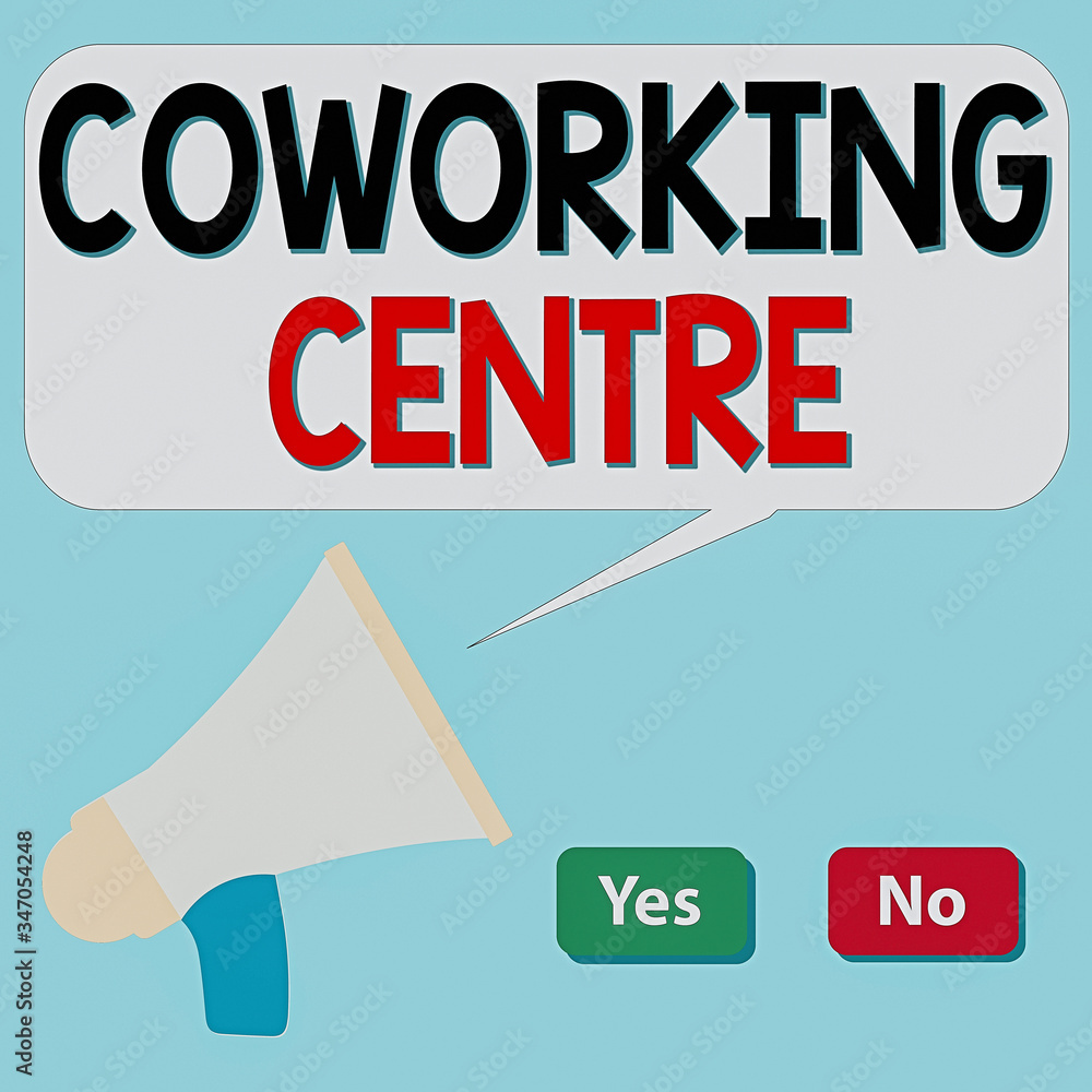 Poster writing note showing coworking centre. business concept for shared workplace often office and indepe