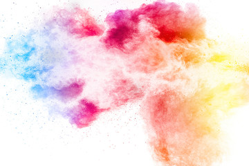 Explosio of colorful dust particles on white background.Abstract pastel color powder overlay texture.