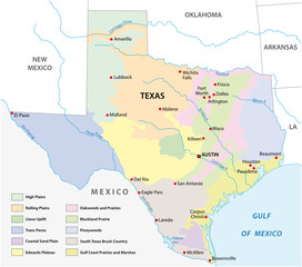 Obraz premium Vector map of the physical regions of Texas