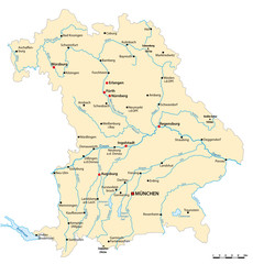 Vector map of the state of Bavaria with major cities, Germany