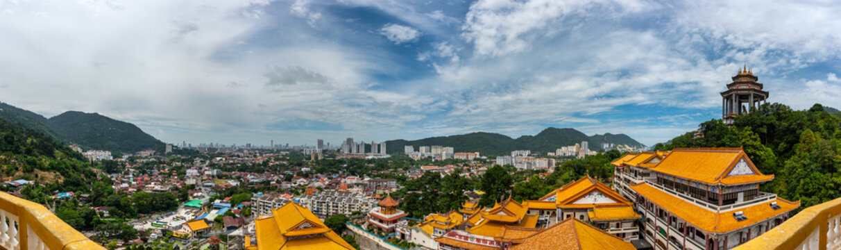 Panorama of Penang City from Kek Lok Si Temple (Translation: Temple of Supreme Bliss), Translation of Chinese Text on Building at bottom of picture: The weather is smooth and the country is at peace.