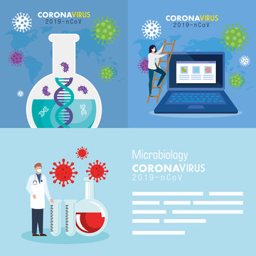 set poster of microbiology for covid 19 and medical icons vector illustration design