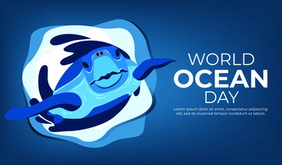 World oceans day banner with cute sea ​​animals background 