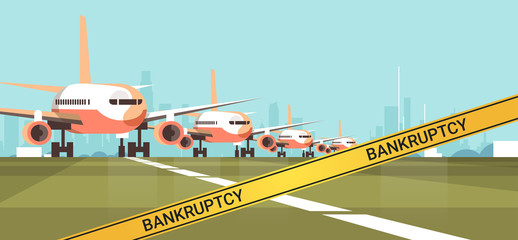 Obraz na płótnie Canvas parked airplanes airport terminal with yellow bankruptcy tape coronavirus pandemic quarantine covid-19 concept horizontal cityscape background vector illustration