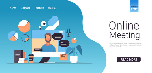 businessman on computer monitor screen webinar video call online meeting coronavirus quarantine concept horizontal portrait copy space vector illustration