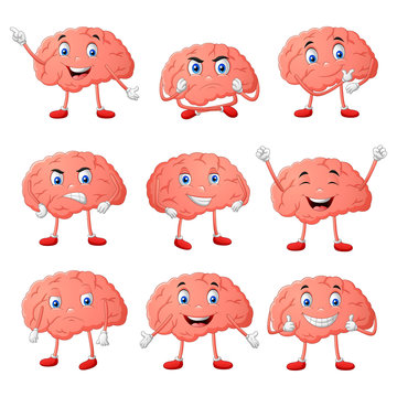 Set of brain cartoon character different expressions. Vector illustration
