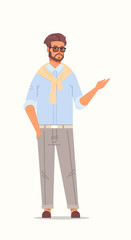 Obraz premium businessman pointing away business man showing presenting something emotions and body language concept male cartoon character standing pose full length vertical vector illustration