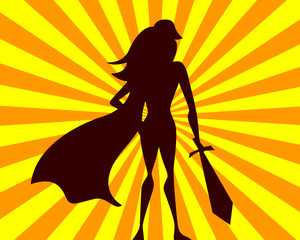 Super woman vector illustration. Comics superhero girl with sword. Hero silhouette on rays background.