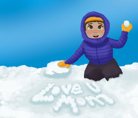 Niño feliz jugando con la nieve para sorprender a su mamá