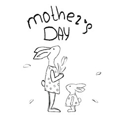 Script Mother's Day with mom hare and bunny baby. Vector illustration lettering on a white background. Isolated elemets for the design of greeting cards, banners, print on fabric, paper, etc.