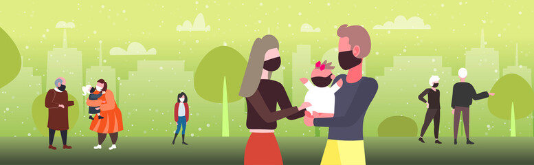 parents walking with baby toddler family wearing masks to prevent coronavirus pandemic covid-19 quarantine concept cityscape background horizontal portrait vector illustration