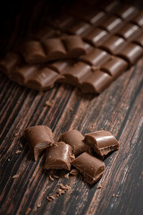 Delicious and tasty milk chocolate bar on a wooden background