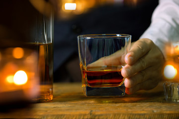Bartender Serve Whiskey, on wood bar,