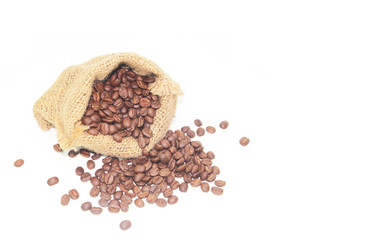 Coffee beans in a sack bag on white background
