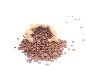 Coffee beans in a sack bag on white background