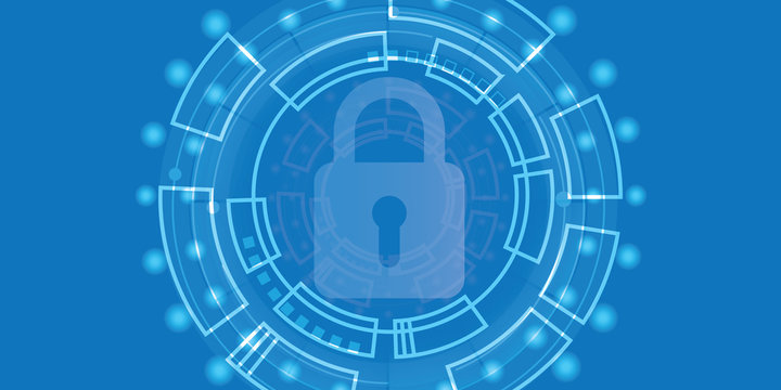 Blue light data lock icon and circle circuit digital on blue background