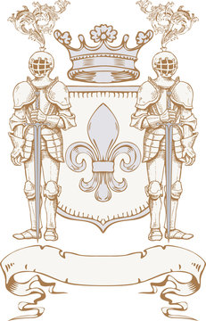 vector image of a medieval coat of arms with knights in armor in the style of ancient graphics