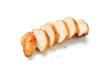 Grilled chicken breast. Sliced chicken fillet isolated on white background. - obrazy, fototapety, plakaty