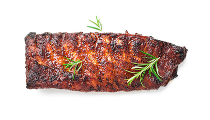 Grilled and smoked pork ribs with barbeque sauce and rosemary isolated on white background
