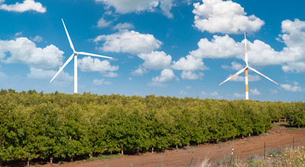 wind generators work in the wind in Israel. Israeli northern landscape with blue sky and clouds....