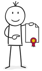 person points to a document with a seal of quality