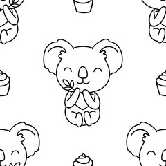 Seamless pattern, black and white cute hand drawn koala doodle, coloring pages
