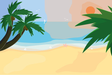 Fototapeta na wymiar sea beach with palm trees at sunrise