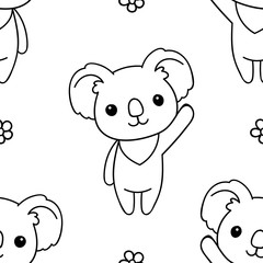 Seamless pattern, black and white cute hand drawn koala doodle, coloring pages